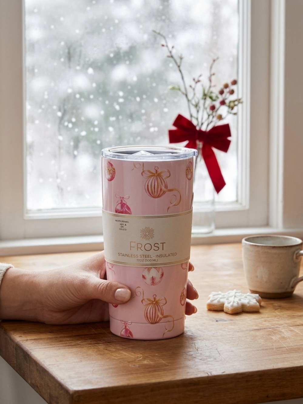 NWT Frost Pink Christmas Ornament Insulated Tumbler 17 oz Pink Christmas Bow